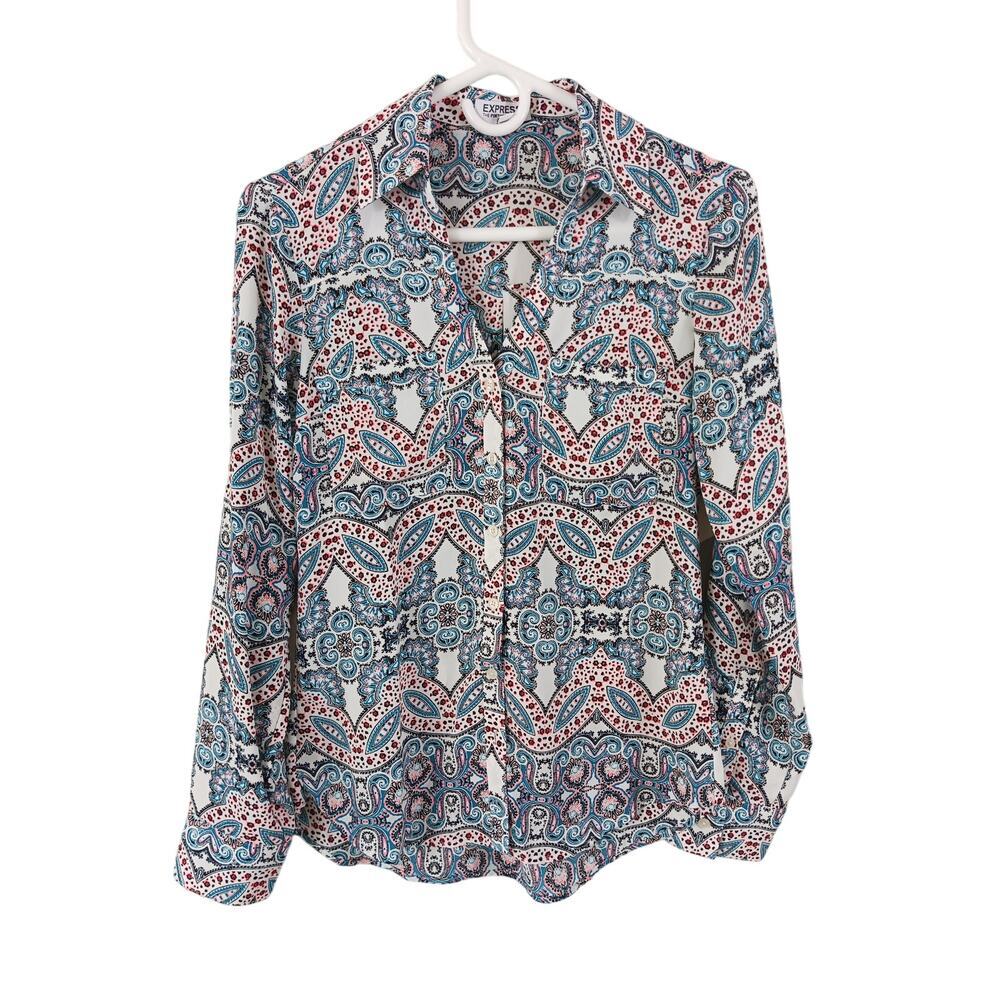 Express Portofino Long Sleeve Shirt Women XS Paisley Print Slim Fit Button‎ Up